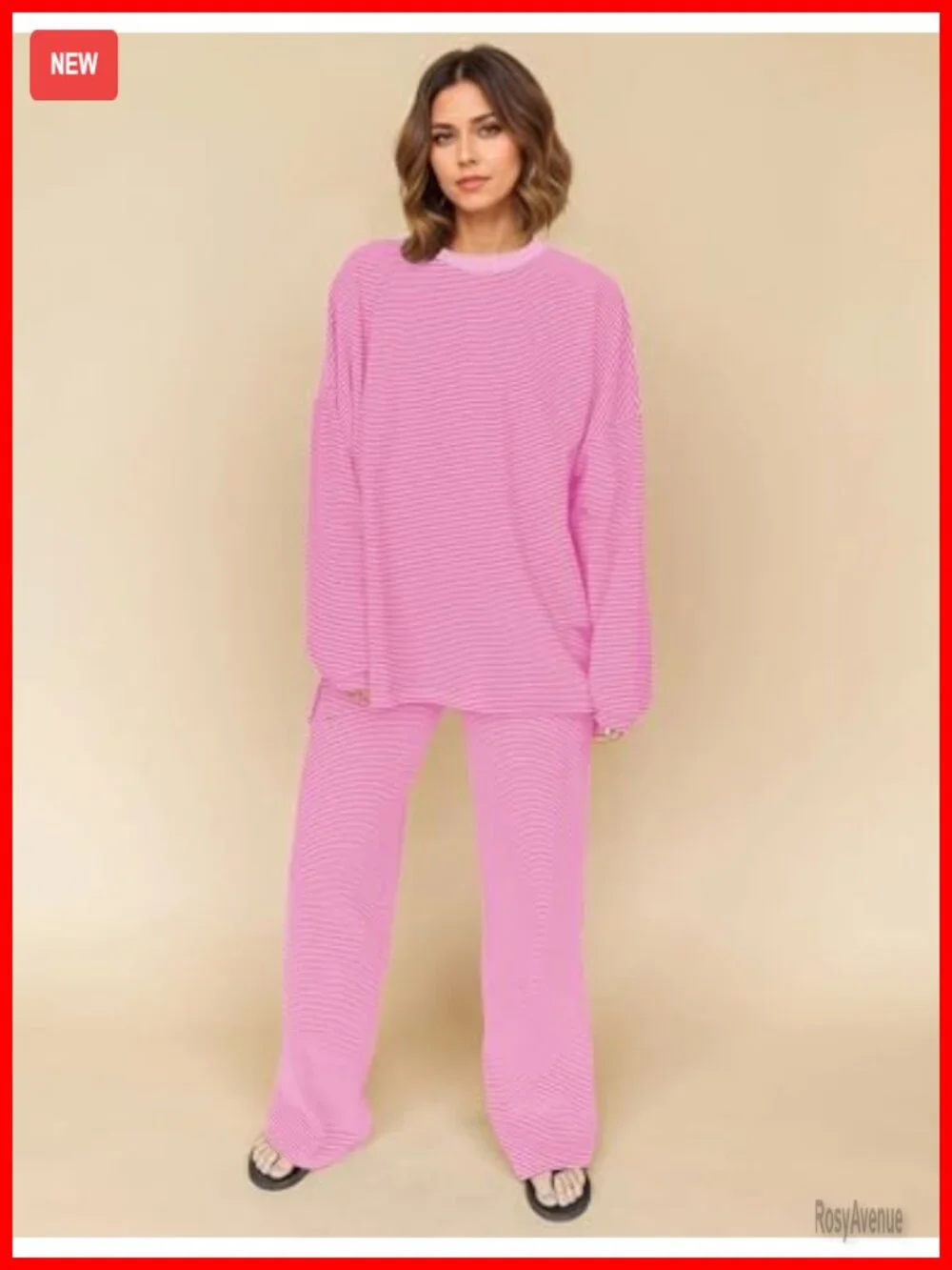 2 Piece Striped Lounge Set Oversized Tee Wide Leg Pajamas